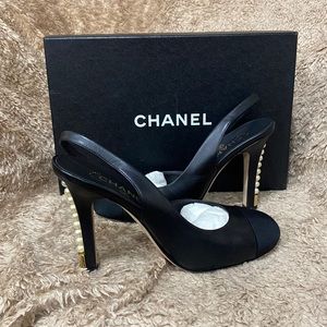 CHANEL Lambskin black pearl heels